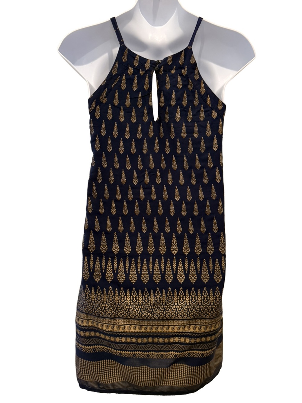 Lapogee Navy Blue Sleeveless Printed Midi Dress with Gold Motif. Large - Picture 2 of 8